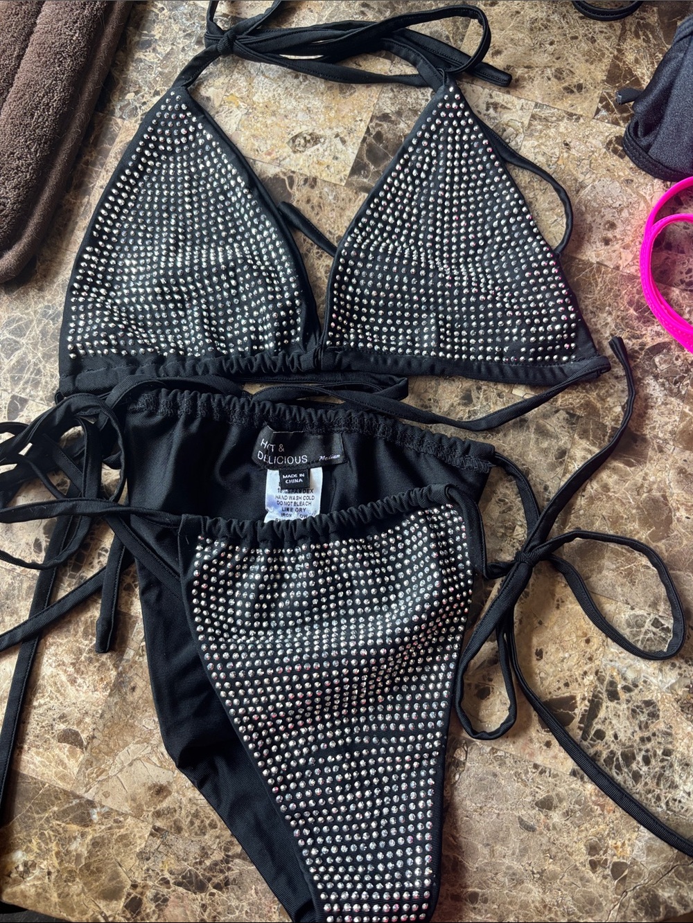 Hot & Delicious Black Rhinestone Triangle Bikini